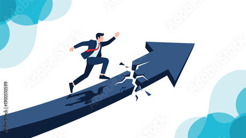 Businessman energetically running up a broken upward-pointing arrow, confidently overcoming a significant crack, symbolizing resilience, strategic recovery, and driving progress despite challenges.