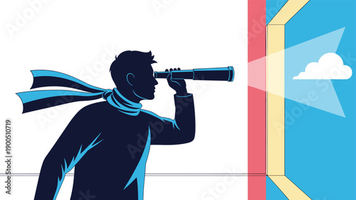 Man in silhouette looking through a spyglass telescope towards a bright window, symbolizing future vision, exploration, and discovery.