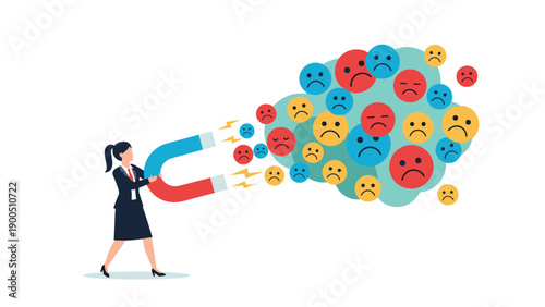Businesswoman using a large magnet to attract a cloud of sad, angry, and unhappy emoji faces, representing customer dissatisfaction or negative feedback.