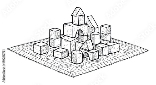 Engaging wooden building blocks arranged in a whimsical construction on a textured rug, ideal for educational materials, child development themes, or playful game asset creations.