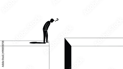 Silhouette of a man with a question mark over his head looking down at a wide gap, symbolizing uncertainty, challenge, and decision-making.
