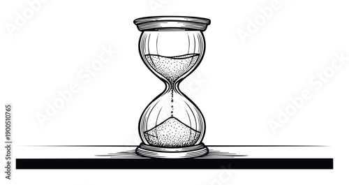A detailed black and white drawing of a vintage sand timer illustrating the concept of time passing and deadlines, perfect for projects related to scheduling, planning, or the measurement