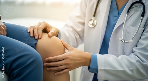 Compassionate Doctor in White Coat Gently Examining a Patient's Knee, Illustrating Professional Medical Care and Joint Health