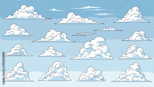 Collection of various cartoon-style white clouds floating in a clear blue sky, illustrating diverse weather elements or abstract thought bubbles.