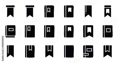 Comprehensive collection of modern solid bookmark and book icon set, perfect for educational applications, digital interfaces, and reader apps.