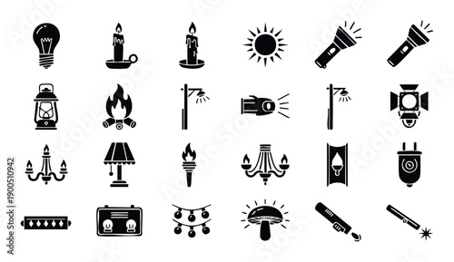 Comprehensive collection of various light sources including bulbs, candles, sun, flashlights, and outdoor street lamps, perfect for illustrating illumination concepts and energy topics in