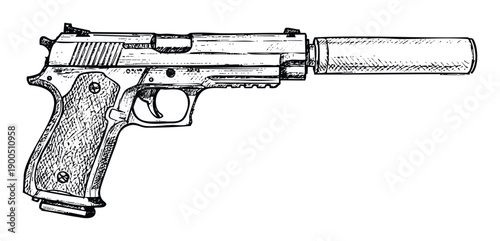 Black and white hand drawn sketch of a semiautomatic pistol with a silencer attached to the barrel, perfect for security industry advertisements and crime genre publications.