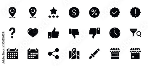 Comprehensive set of black glyph icons for user interface navigation, ecommerce platforms, business presentations, and web applications, offering versatile symbols for various digital