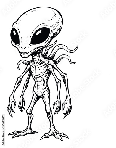 Spooky extraterrestrial being with a large head and multiple limbs captured in a vintage monochrome drawing style perfect for science fiction themes and eerie holiday designs