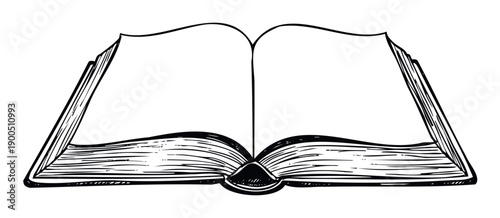 Hand drawn vintage style open book sketch with empty pages ideal for academic presentations, literary themes, or educational resource layouts