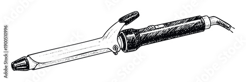 Classic black and white handdrawn curling iron for elegant hair styling in beauty salon promotions or fashionrelated graphic projects