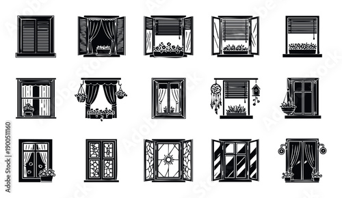 Diverse collection of house windows with various styles like open shutters, closed blinds, flowing curtains, and decorative plants, ideal for architectural graphics and home interior design