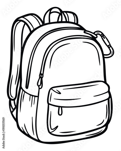 Black and white line drawing of a backpack with multiple compartments and a carabiner, ideal for school supplies, travel gear, or outdoor adventure concepts