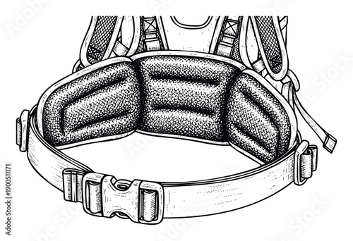 Strong hip belt and ergonomic padded lumbar support system of an outdoor trekking or hiking backpack with adjustable buckle closure providing comfortable weight distribution for adventurers