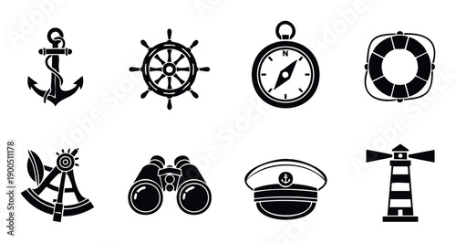 A versatile set of marine and nautical symbols, including anchor, ship wheel, compass, and lighthouse, perfect for sea adventure graphic design and travel industry marketing materials.