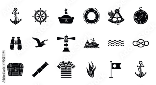 Explore a comprehensive collection of essential nautical icons and marine symbols perfect for maritime themed branding, adventurous travel promotions, or educational digital media