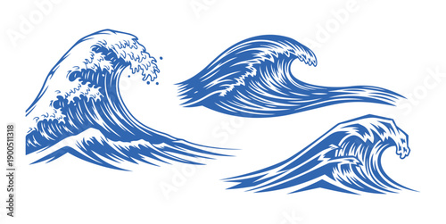 Blue and white silhouette ocean waves design, dynamic surf art with motion and marine style