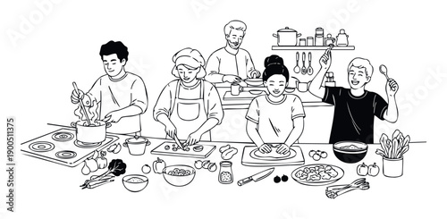 Joyful group of diverse people collaboratively preparing a delicious meal in a wellequipped kitchen, ideal for showcasing teamwork, culinary education, or wholesome lifestyle content.