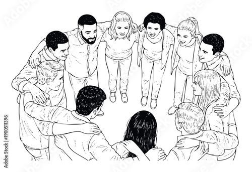 A diverse group of happy young adults standing in a collaborative circle, embracing each other, symbolizing teamwork, friendship, and unity for social media, educational, and community