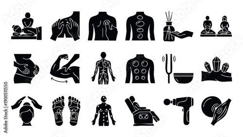 A comprehensive collection of wellness therapy and body treatment icons for spa services and alternative medicine practices, ideal for health and relaxation businesses