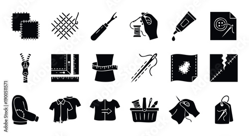 Essential sewing and tailoring icons visually depicting mending, garment creation, and various textile crafts, perfect for DIY project guides, workshop tutorials, and clothing service