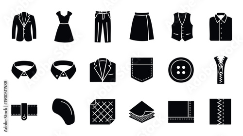 Silhouette icons depicting various clothing items, apparel pieces, and essential sewing components including buttons, zippers, and fabric textures for textile related graphic projects.