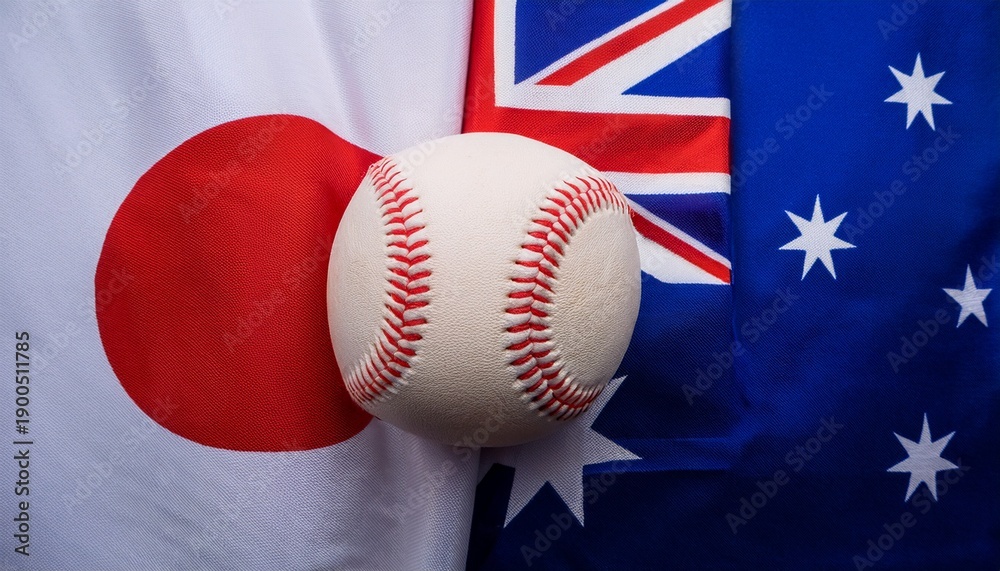 Fototapeta premium baseball placing between japan flag and australia flag