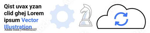 Strategy, technology, digital innovation, software development, data synchronization, cloud services. Gear, chess knight and cloud with sync arrow. Strategy and technology concept