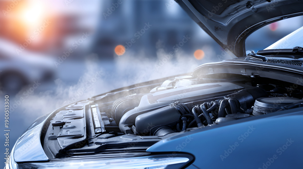 Fototapeta premium Detailed View Of Metal Car Engine Under Hood With Visible Steam