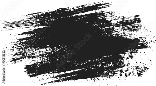 Grunge Grey Brush Stroke with Textured Splatters, Black Brushstroke Overlay and Abstract White Background Design.