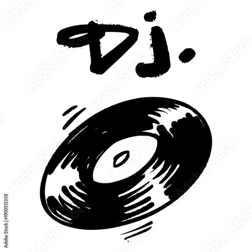 "DJ" text with vinyl record graffiti. Urban street art style hand drawn illustration for music branding, club posters, and trendy streetwear apparel design