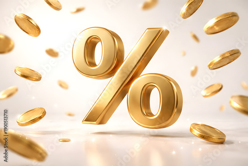Gold 3D percentage symbol floating with coins