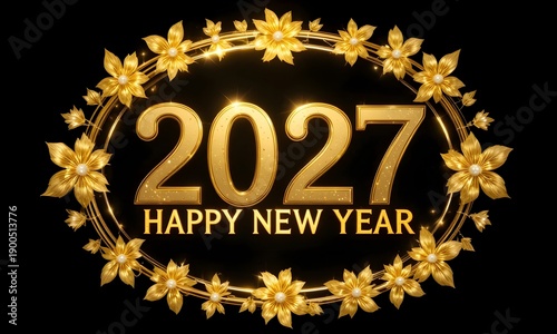 Golden Happy New Year 2027 celebration with elegant floral design