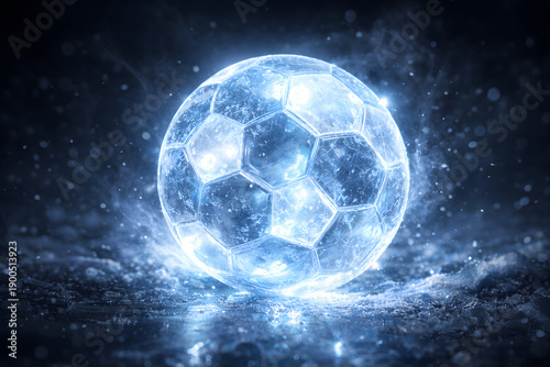 Frozen ice soccer ball with light blue and white lighting