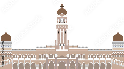 A large building with a clock tower and two domes