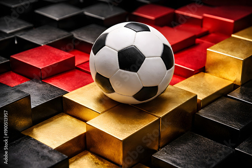 Abstract black red and gold geometric cubes soccer concept