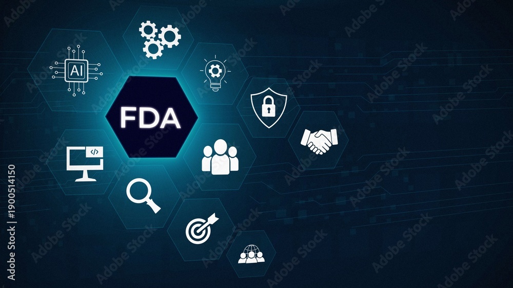 Fototapeta premium FDA Approved Food and Drug Administration concept. Businessman using laptop with FDA icon on virtual screen for Health product standards control, 3D dark blue background. illustration