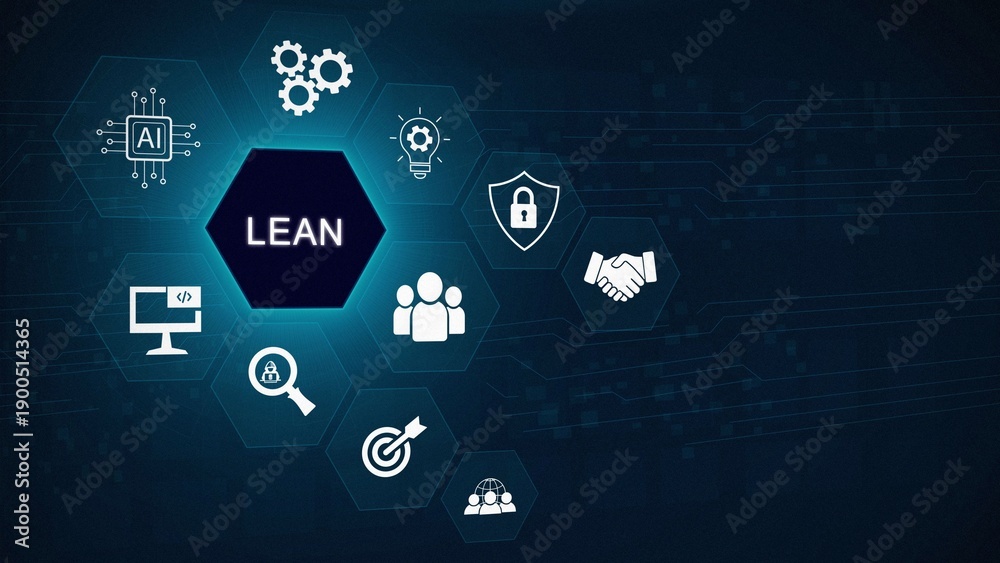 Fototapeta premium Lean manufacturing concept. Adjusting organizational management to be more efficient and Quality and standardization. 3D dark blue background. illustration