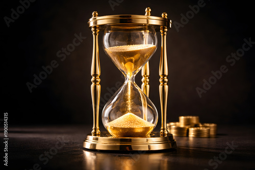 Luxury gold hourglass with golden sand on black