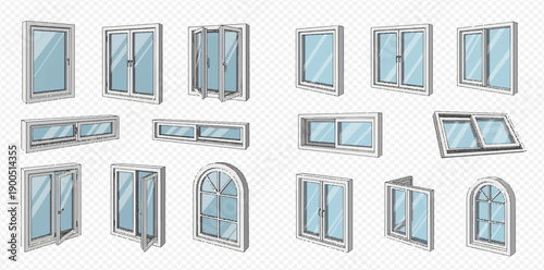 Set of various white plastic windows with glass, open and closed, in different shapes and sizes, isolated on a transparent background.