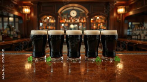 Cinque bicchieri di birra scura con schiuma e trifogli su bancone di un pub tradizionale per San Patrizio. Generative AI