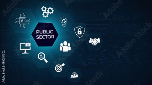Fotografi Public sector concept with icons for teamwork, business, and AI on a dark, futuristic circuit board background