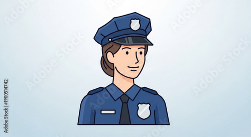 Smiling female police officer in blue uniform and hat law enforcement illustration public safety authority figure cartoon style