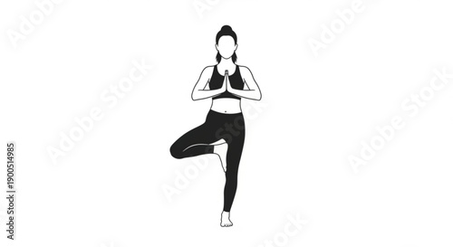 Woman in yoga pose standing on one leg with hands in prayer position black and white illustration