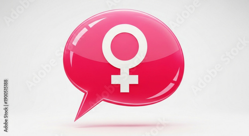 Pink female gender symbol in a speech bubble on gray background representing women's rights and feminism