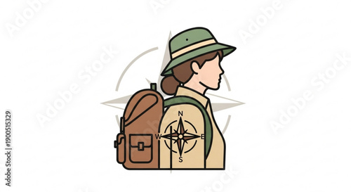 Young adventurer with backpack and compass on white background for travel and exploration concepts