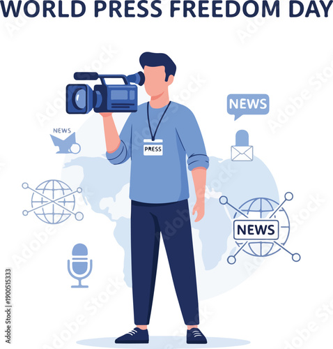 A male journalist holding a video camera, wearing a press badge, standing in front of a world map with news icons. Perfect for journalism, World Press Freedom Day, and news reporting