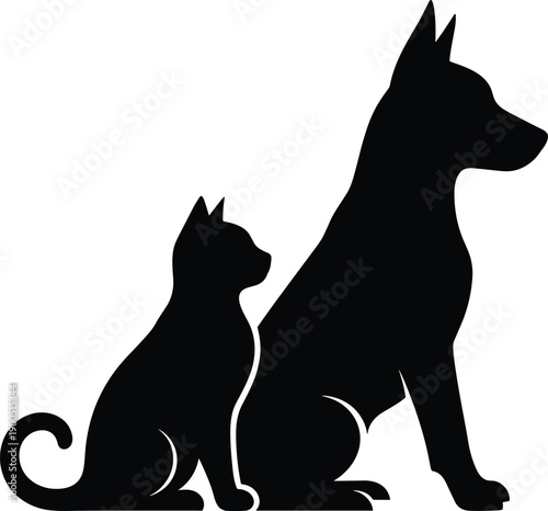 Cat and dog silhouette icon set, household pets sitting together, black vector illustration, companionship and animal care theme, isolated on white background