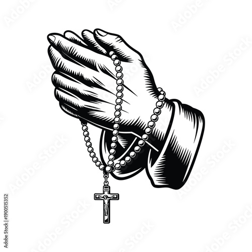 Praying Hands Holding Rosary with Cross Black and White Vintage Vector Illustration