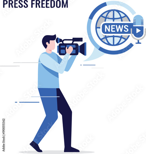 A man holding a video camera, symbolizing World Press Freedom Day, with a news globe icon in the background. Perfect for journalism, news reporting, and educational materials.